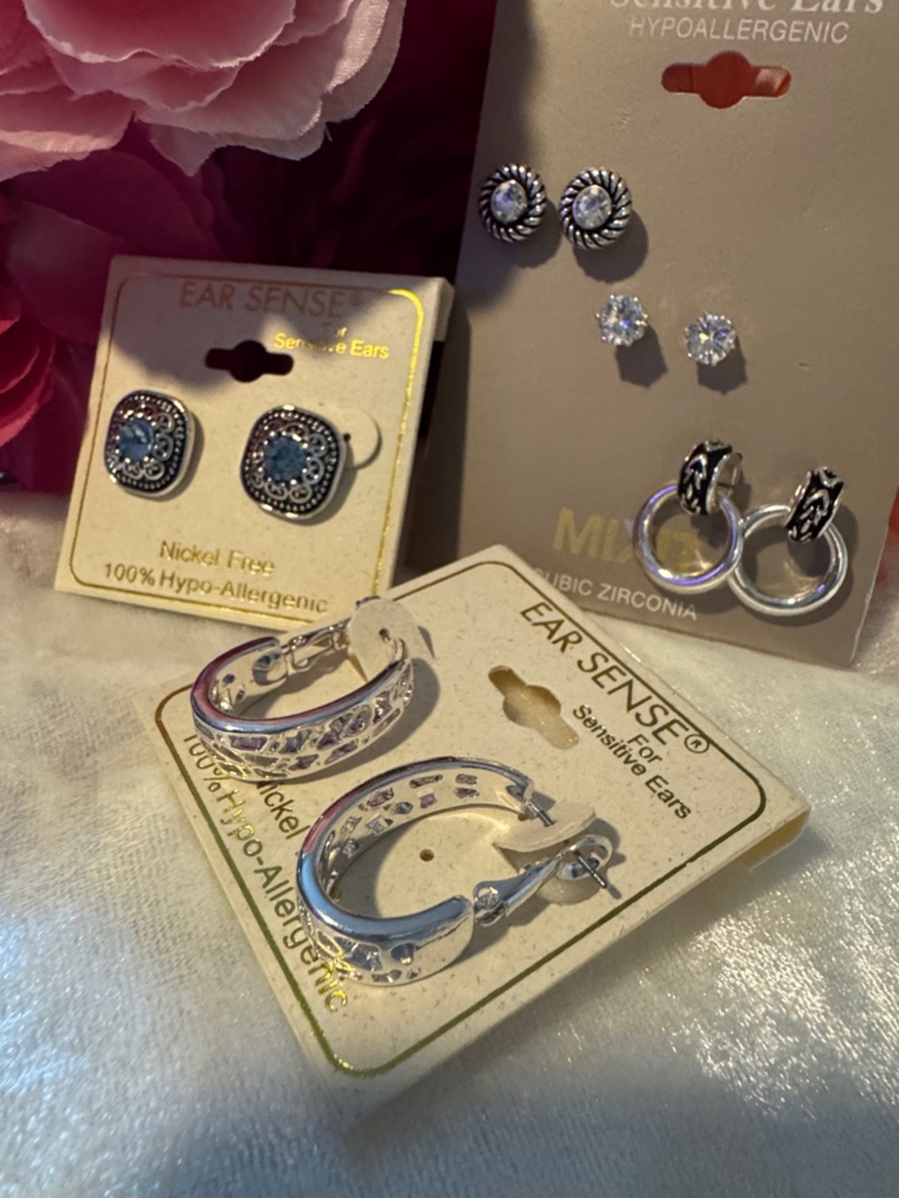 Silver Hoop Earrings Set with Blue Accent Studs #7